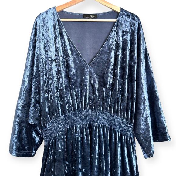 Suzanne Betro Blue Crushed Velvet V Neck Dolman Sleeve Stretchy Dress Women's XL - Picture 3 of 9